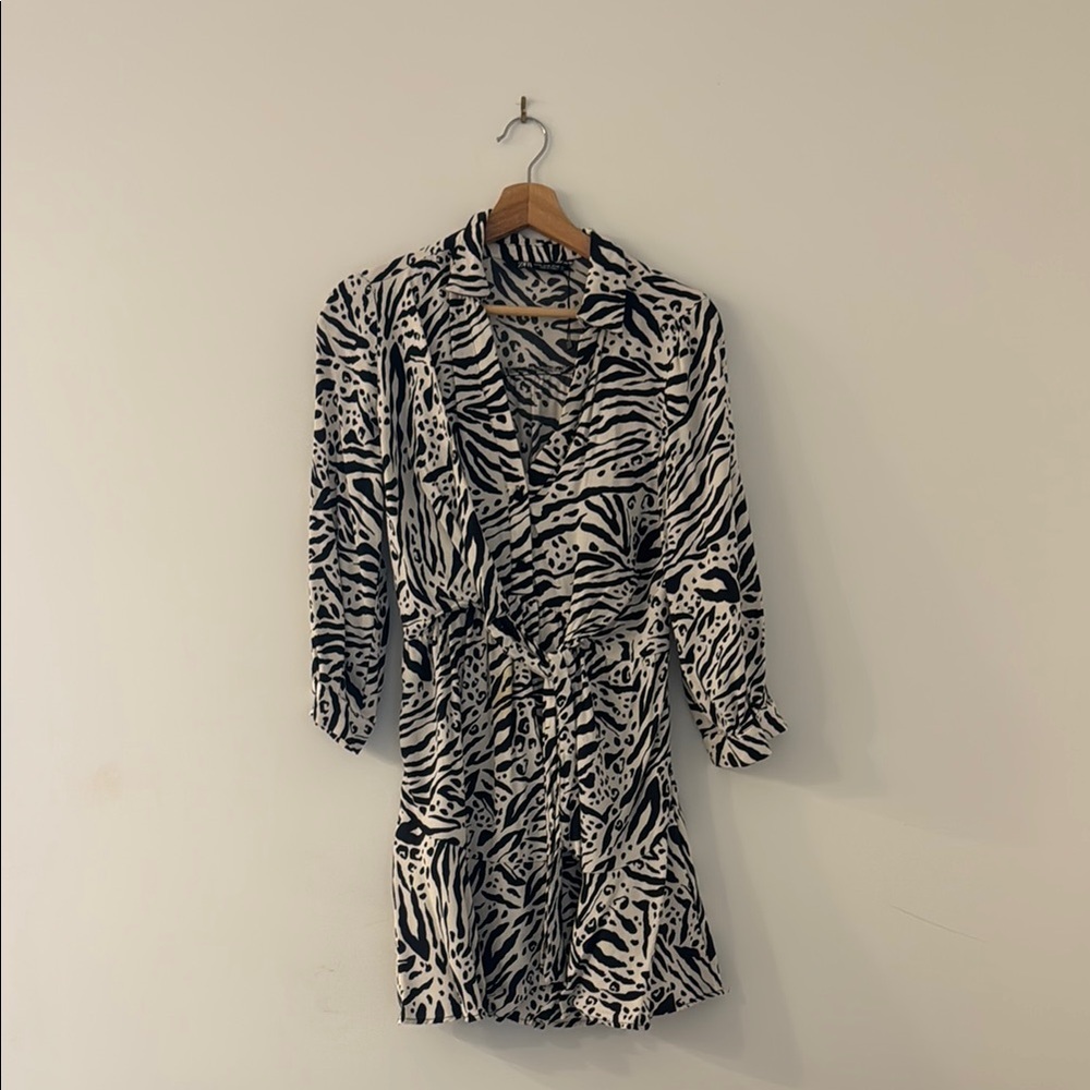 Zara Black and White Wrap Tie Front Long Sleeve Dress